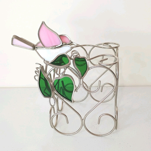 Vintage Pink Bird & Leaf Stained Glass & Silver Wire Metal Tissue Box Holder - Picture 1 of 8